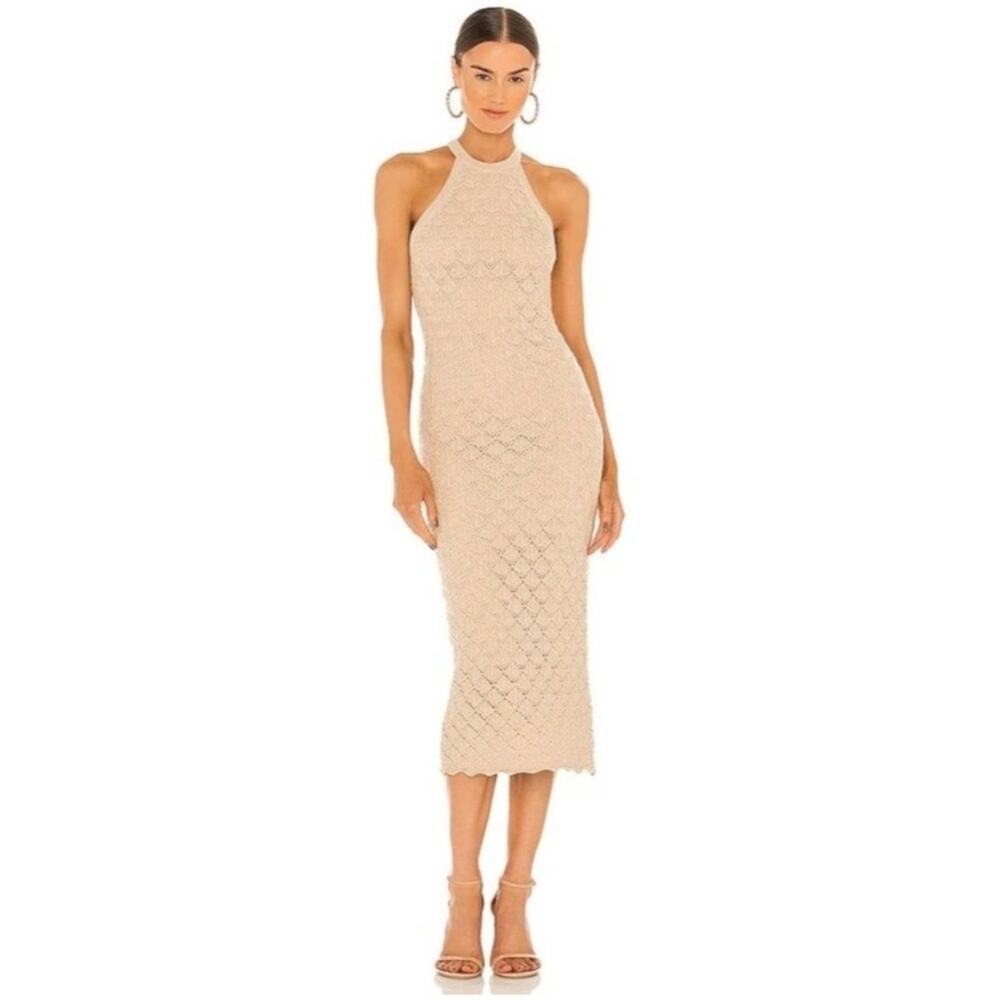 Alice + Olivia Lulu Crochet-knit Halterneck Midi Dress In Sand Size Xlarge